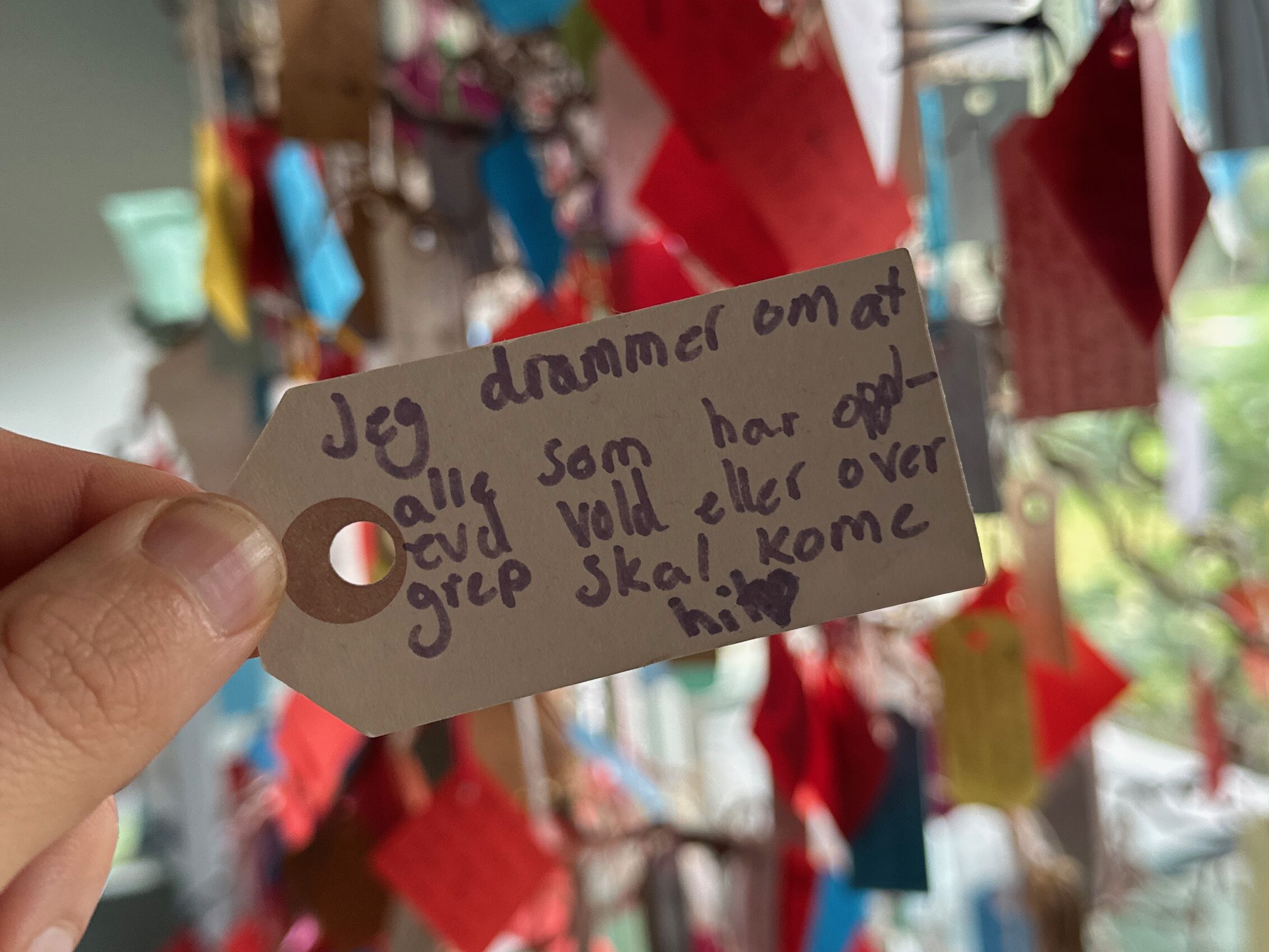 Lapp hvor det står "Jeg drømmer om at alle som har opplevd vold eller overgrep skal komme hit". Foto.